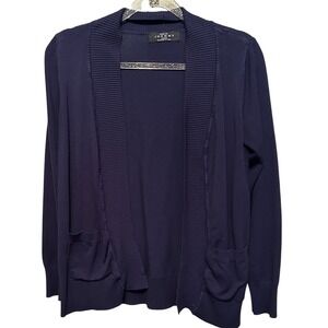 Made By Johnny Navy Blue Open Front Cardigan Sweater Large Pockets Ribbed Collar